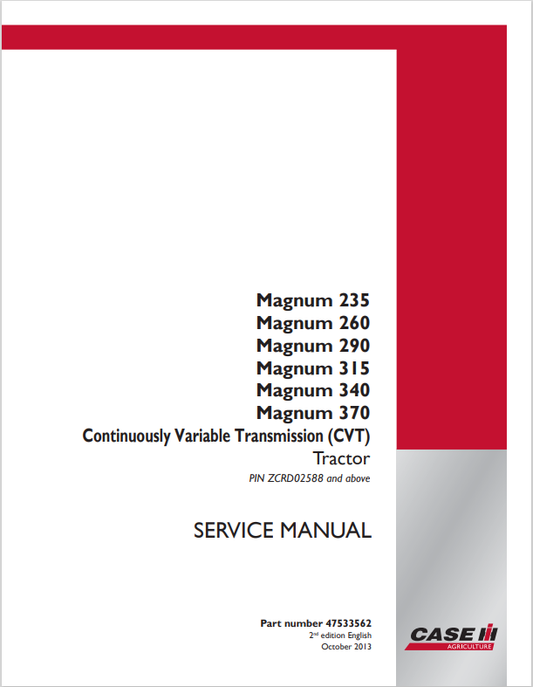 Case Magnum 235, 260, 290, 315, 340, 370 CVT Tractor Service Manual 47533562 