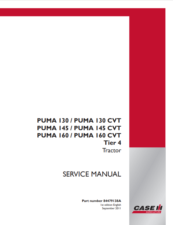 Case Puma 130, 145, 160 CVT Tractor Service Manual 84479138A 
