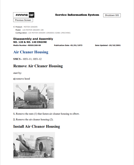 Caterpillar Cat 120 Motor Grader Service and Repair Manual PDF | S/N 10R