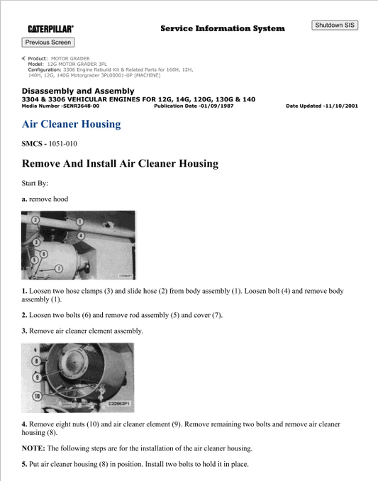 Caterpillar Cat 12G, 12E Motor Grader Service and Repair Manual PDF | S/N 3PL, 99E