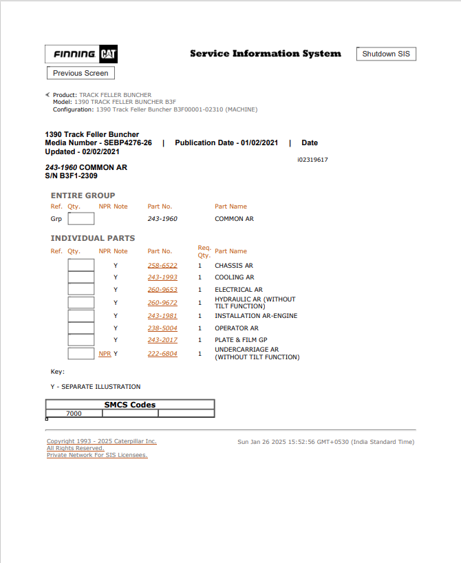 Caterpillar Cat 1390 Track Feller Buncher Parts Catalogue Manual PDF | S/N B3F00001
