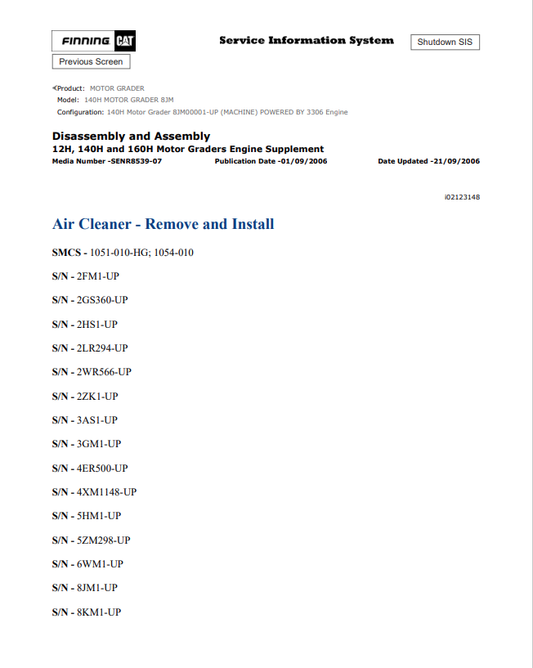 Caterpillar Cat 140H Motor Grader Service and Repair Manual PDF | S/N 8JM