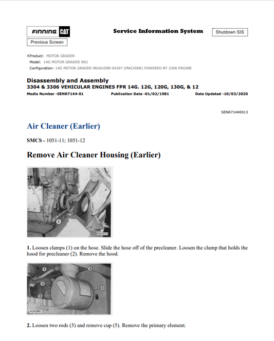 Caterpillar Cat 14G Motor Grader Service and Repair Manual PDF | S/N 96U