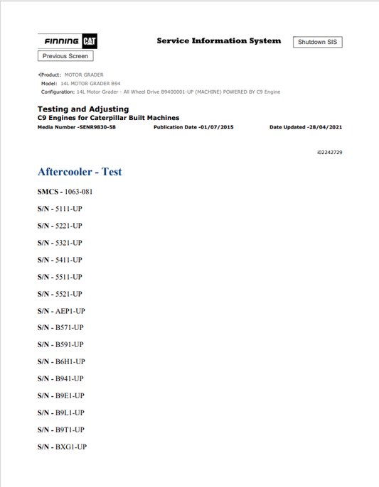 Caterpillar Cat 14L Motor Grader Service and Repair Manual PDF | S/N B94
