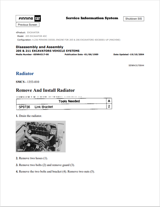 Caterpillar Cat 205 Excavator Service and Repair Manual PDF | S/N 4DC