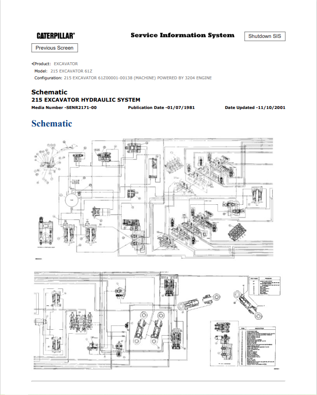 Caterpillar Cat 215 Excavator Electrical and Hydraulic Schematic Manual PDF | S/N 61Z