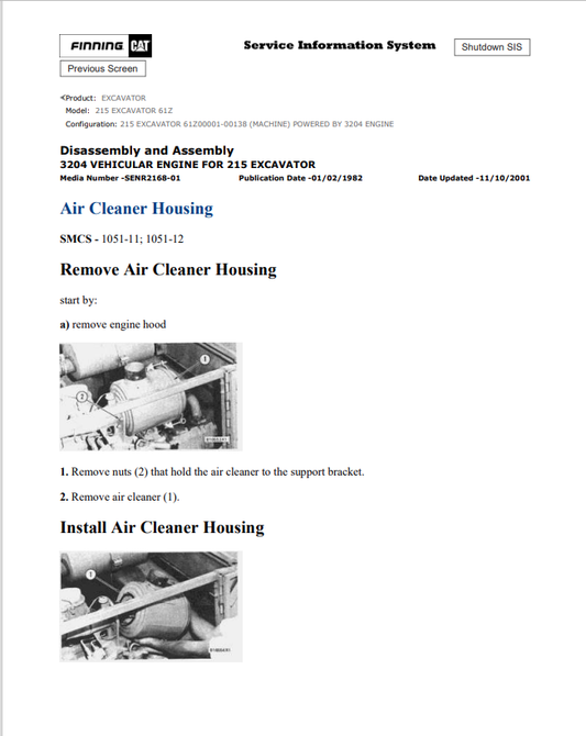 Caterpillar Cat 215 Excavator Service and Repair Manual PDF | S/N 61Z