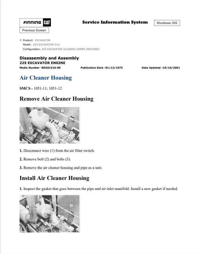 Caterpillar Cat 225 Excavator Service and Repair Manual PDF | S/N 51U