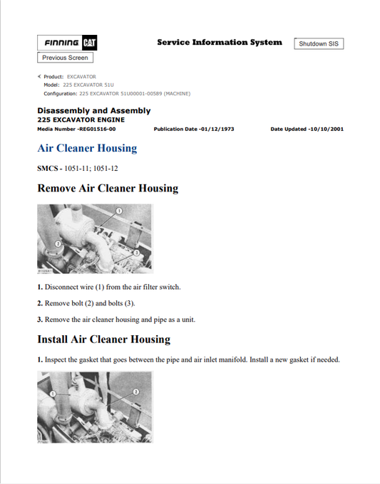 Caterpillar Cat 225 Excavator Service and Repair Manual PDF | S/N 51U