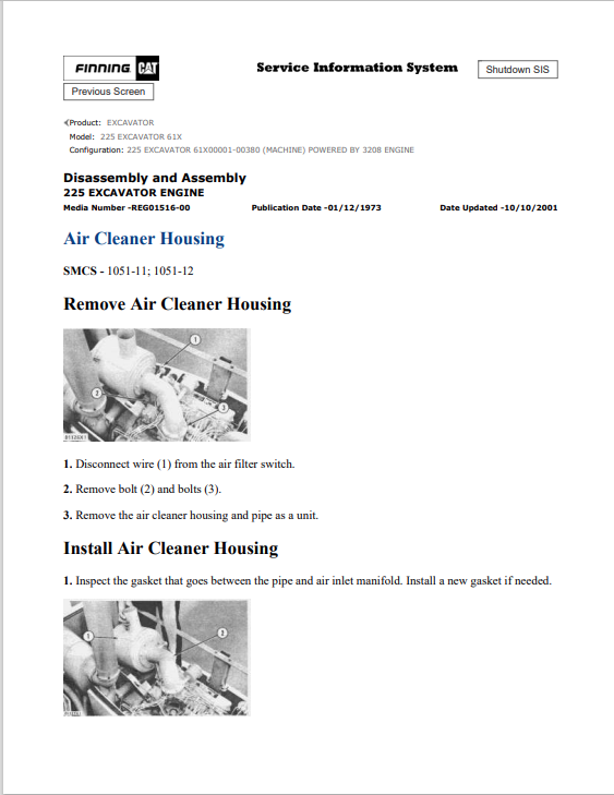 Caterpillar Cat 225 Excavator Service and Repair Manual PDF | S/N 61X