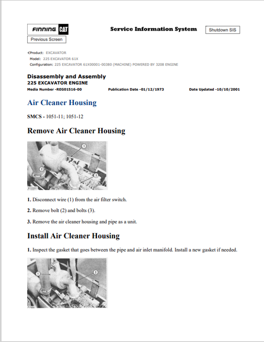 Caterpillar Cat 225 Excavator Service and Repair Manual PDF | S/N 61X