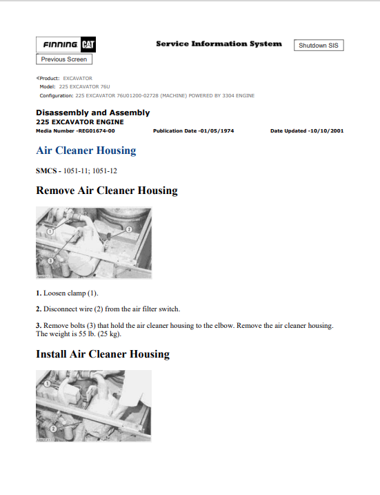 Caterpillar Cat 225 Excavator Service and Repair Manual PDF | S/N 76U