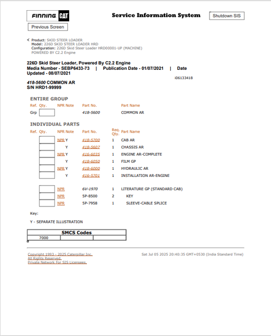 Caterpillar Cat 226D Skid Steer Loader Parts Catalogue Manual PDF | S/N HRD
