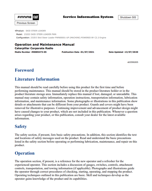 Caterpillar Cat 232D3 Skid Steer Loader Operation and Maintenance Manual PDF | S/N PWN