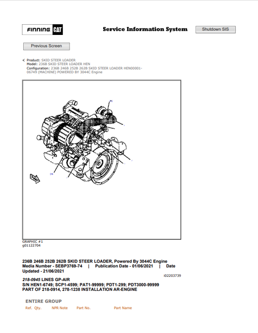 Caterpillar Cat 236B Skid Steer Loader Parts Catalogue Manual PDF | S/N HEN