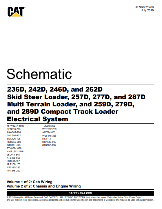 Caterpillar Cat 236D, 242D, 246D, 262D, 257D, 277D, 287D, 259D, 279D, 289D Excavator Electrical Schematic Manual PDF | S/N UENR8023-06