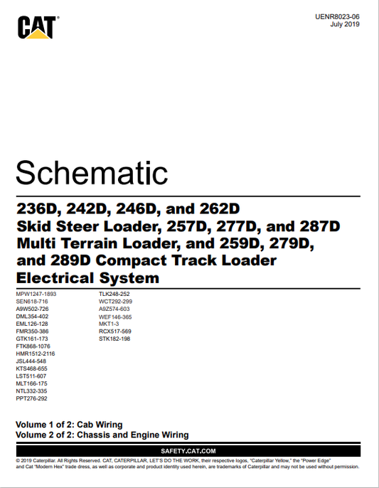 Caterpillar Cat 236D, 242D, 246D, 262D, 257D, 277D, 287D, 259D, 279D, 289D Excavator Electrical Schematic Manual PDF | S/N UENR8023-06