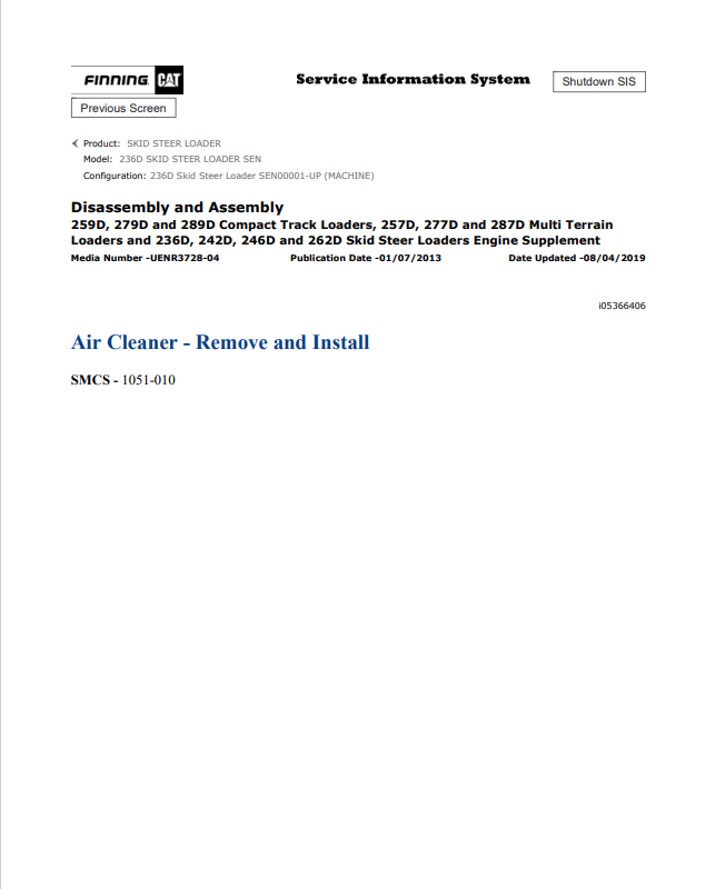 Caterpillar Cat 236D Skid Steer Loader Service and Repair Manual PDF | S/N SEN