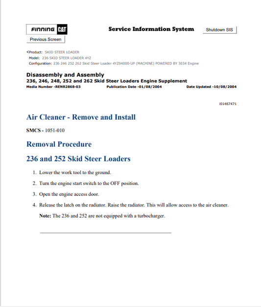 Caterpillar Cat 236 Skid Steer Loader Service and Repair Manual PDF | S/N 4YZ