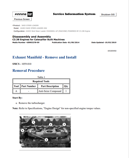 Caterpillar Cat 242D3 Skid Steer Loader Service and Repair Manual PDF | S/N HSX