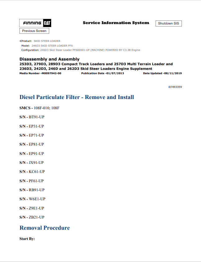 Caterpillar Cat 246D3 Skid Steer Loader Service and Repair Manual PDF | S/N PF6