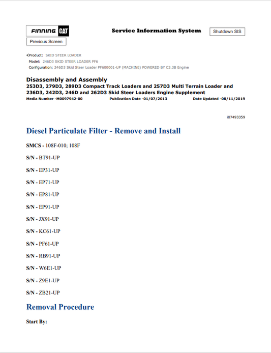 Caterpillar Cat 246D3 Skid Steer Loader Service and Repair Manual PDF | S/N PF6