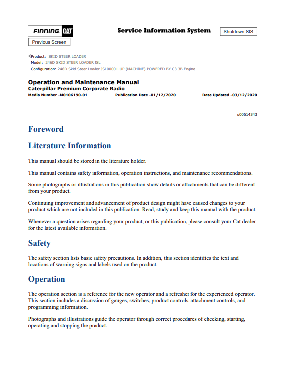 Caterpillar Cat 246D Skid Steer Loader Operation and Maintenance Manual PDF | S/N JSL