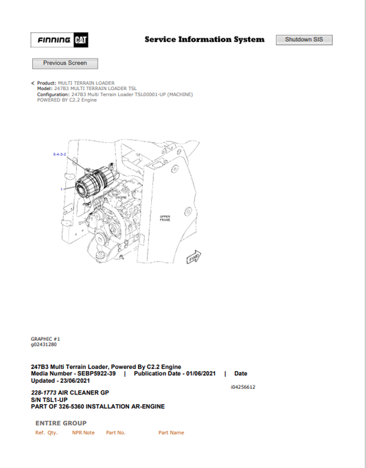 Caterpillar Cat 247B3 Multi Terrain Loader Parts Catalogue Manual PDF | S/N TSL