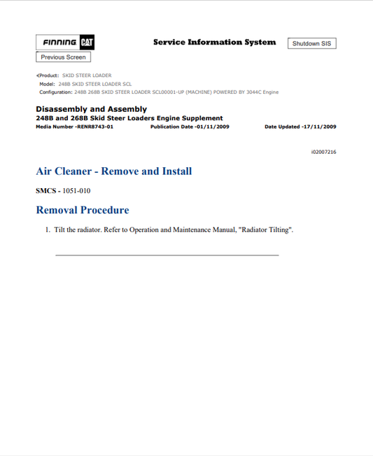 Caterpillar Cat 248B Skid Steer Loader Service and Repair Manual PDF | S/N SCL