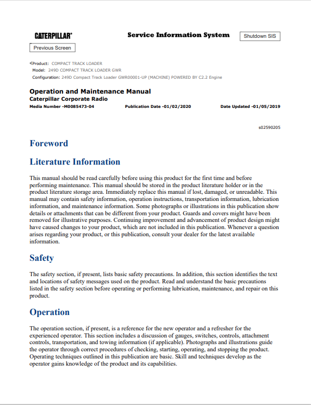 Caterpillar Cat 249D Compact Track Loader Operation and Maintenance Manual PDF | S/N GWR