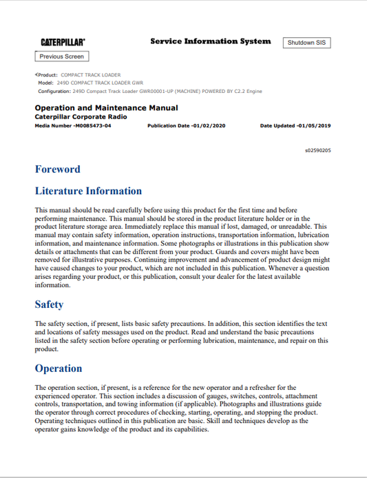 Caterpillar Cat 249D Compact Track Loader Operation and Maintenance Manual PDF | S/N GWR