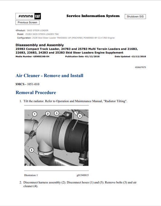 Caterpillar Cat 252B3 Skid Steer Loader Service and Repair Manual PDF | S/N TNK