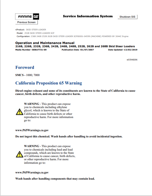 Caterpillar Cat 252B Skid Steer Loader Operation and Maintenance Manual PDF | S/N SCP