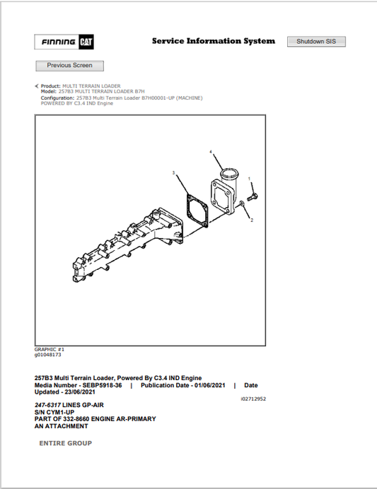 Caterpillar Cat 257B3 Multi Terrain Loader Parts Catalogue Manual PDF | S/N B7H