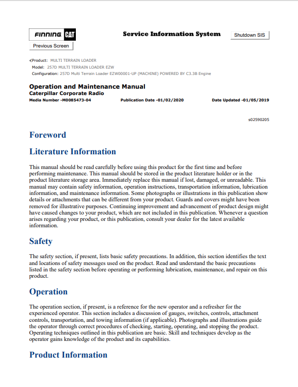 Caterpillar Cat 257D Multi Terrain Loader Operation and Maintenance Manual PDF | S/N EZW