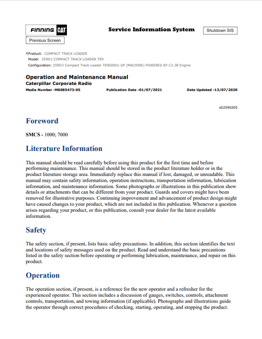 Caterpillar Cat 259D3 Compact Track Loader Operation and Maintenance Manual PDF | S/N TE9