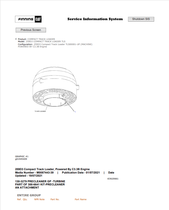Caterpillar Cat 259D3 Compact Track Loader Parts Catalogue Manual PDF | S/N TLS