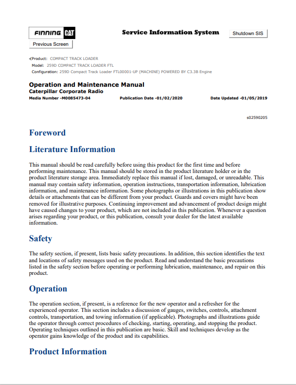 Caterpillar Cat 259D Compact Track Loader Operation and Maintenance Manual PDF | S/N FTL