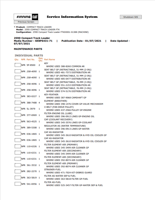 Caterpillar Cat 259D Compact Track Loader Parts Catalogue Manual PDF | S/N FTK