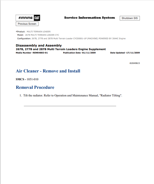Caterpillar Cat 267B Multi Terrain Loader Service and Repair Manual PDF | S/N CYC