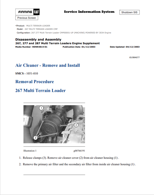 Caterpillar Cat 267 Multi Terrain Loader Service and Repair Manual PDF | S/N CMP