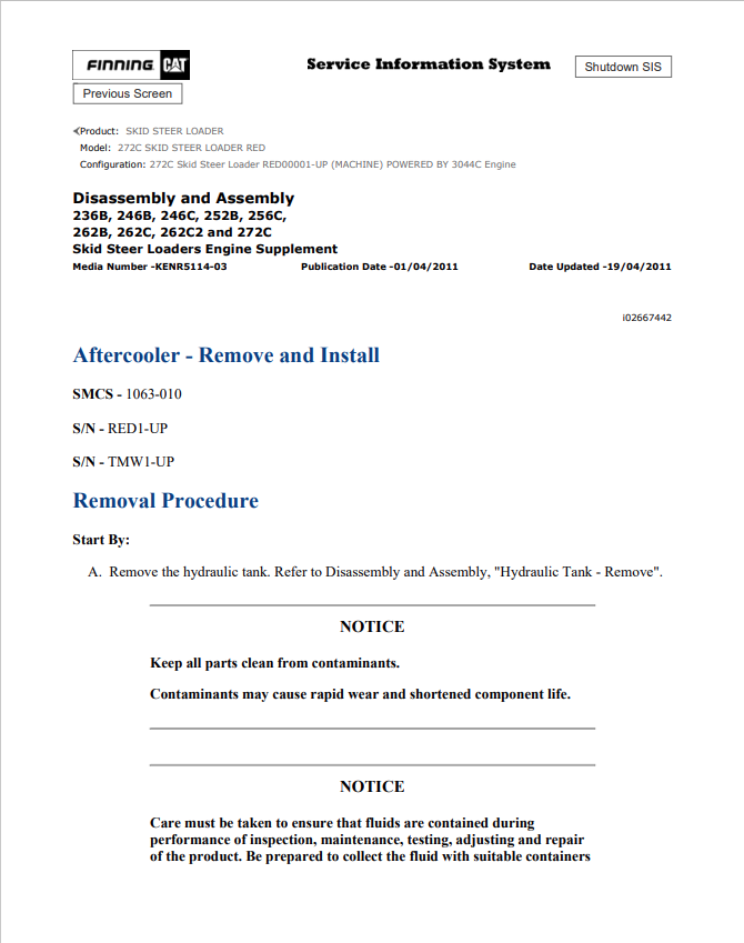 Caterpillar Cat 272C Skid Steer Loader Service and Repair Manual PDF | S/N RED