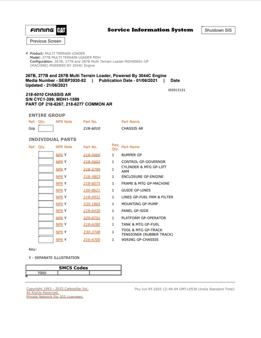 Caterpillar Cat 277B Multi Terrain Loader Parts Catalogue Manual PDF | S/N MDH