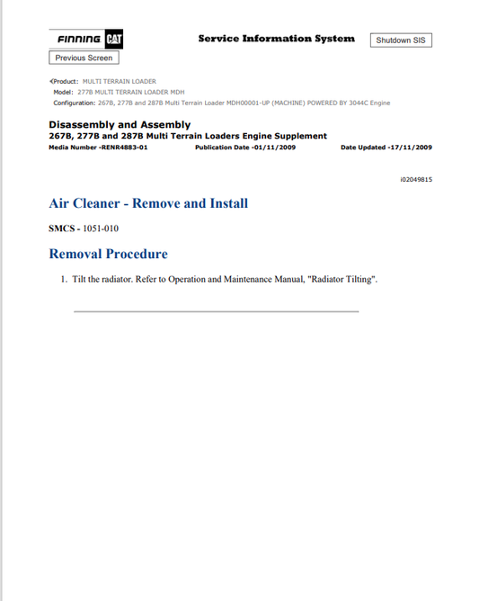Caterpillar Cat 277B Multi Terrain Loader Service and Repair Manual PDF | S/N MDH