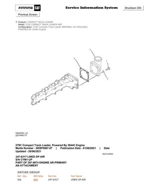 Caterpillar Cat 279C Compact Track Loader Parts Catalogue Manual PDF | S/N MBT