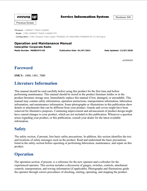 Caterpillar Cat 279D Compact Track Loader Operation and Maintenance Manual PDF | S/N TP5