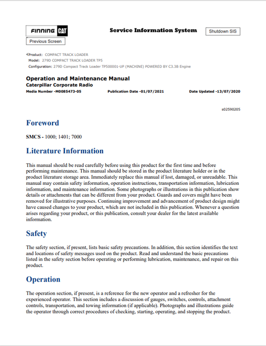 Caterpillar Cat 279D Compact Track Loader Operation and Maintenance Manual PDF | S/N TP5