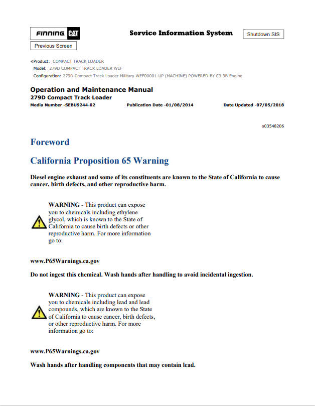 Caterpillar Cat 279D Compact Track Loader Operation and Maintenance Manual PDF | S/N WEF