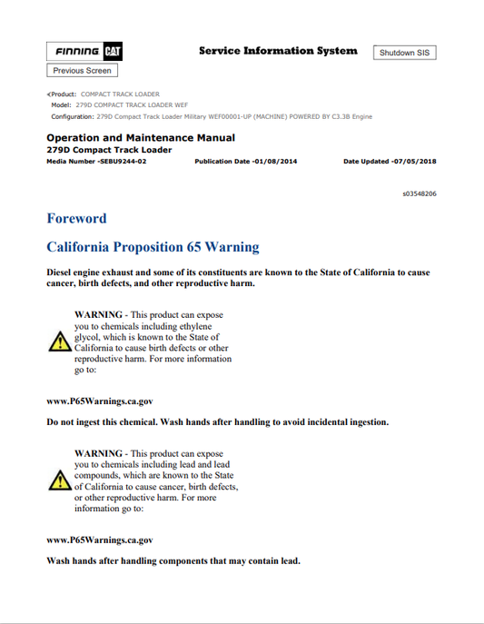 Caterpillar Cat 279D Compact Track Loader Operation and Maintenance Manual PDF | S/N WEF