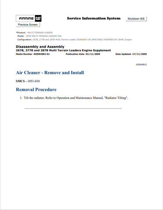 Caterpillar Cat 287B Multi Terrain Loader Service and Repair Manual PDF | S/N ZSA